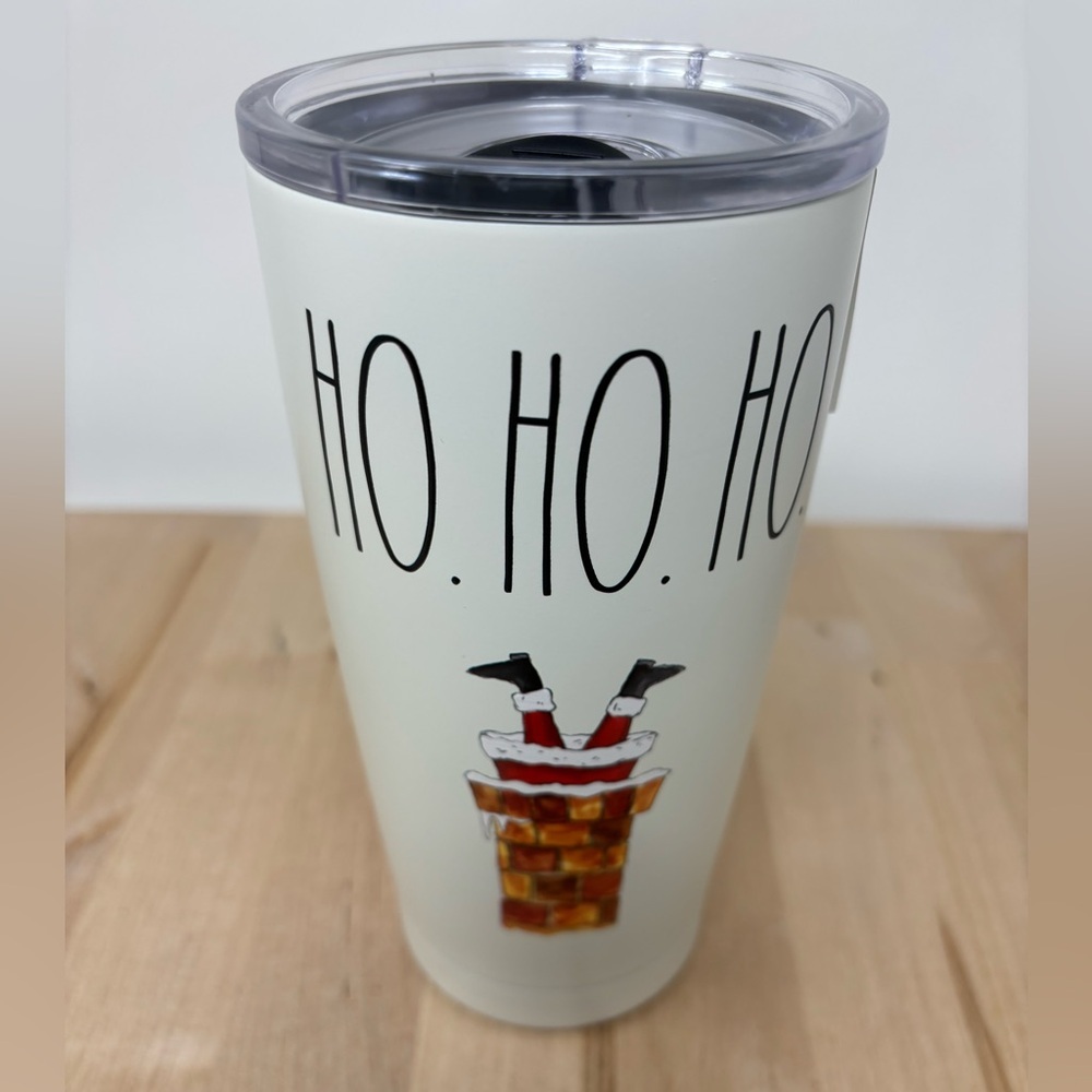 Rae Dunn HO HO HO Tumbler White Stainless Steel Slide Lock Top Black LL New